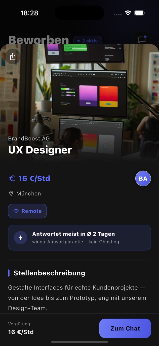 winna-App: Job-Detail mit Aufgaben, Bezahlung und Antwortgarantie